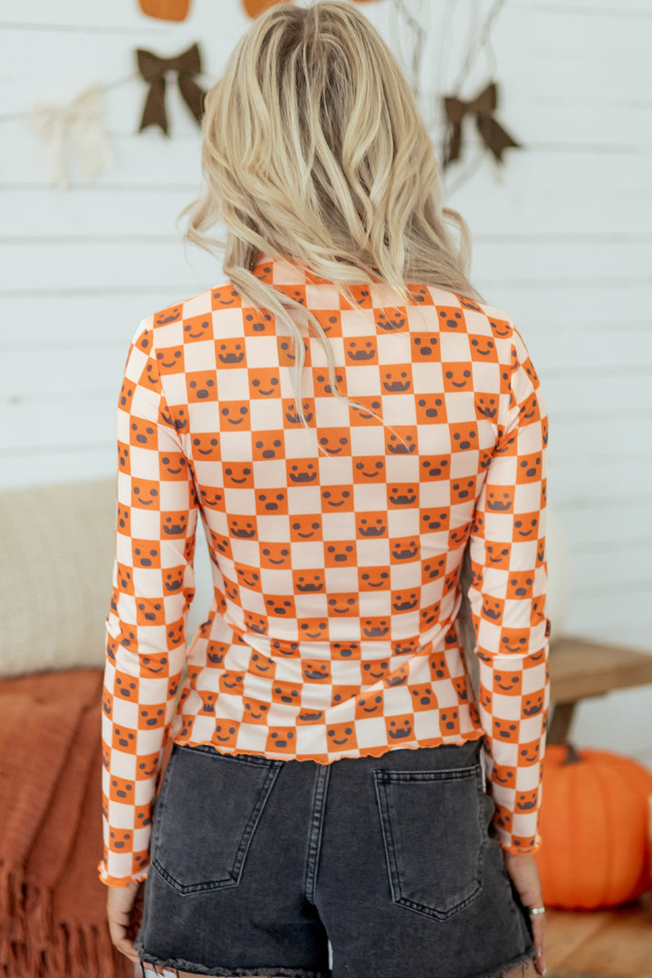 Orange Abstract Halloween Pattern Long Sleeve Stand Neck Shift Blouse