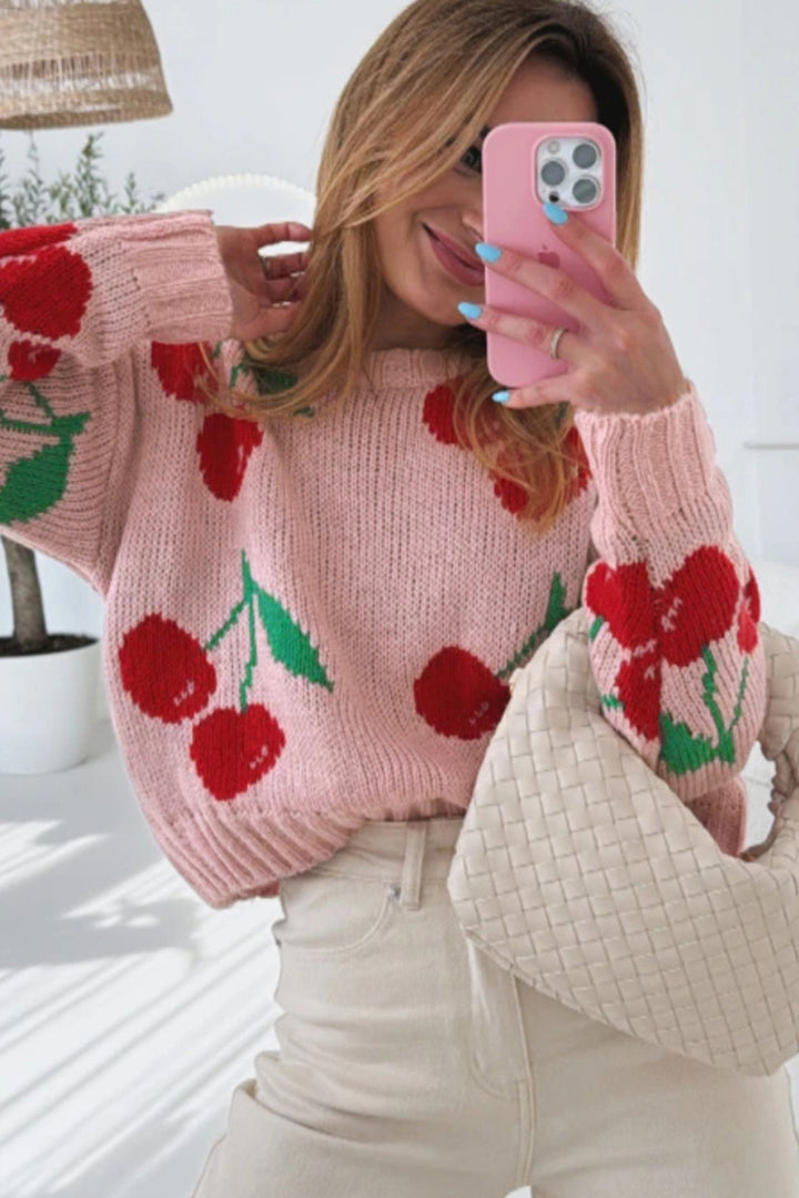 Pink Dainty Cherry Print Loose Cropped Sweater