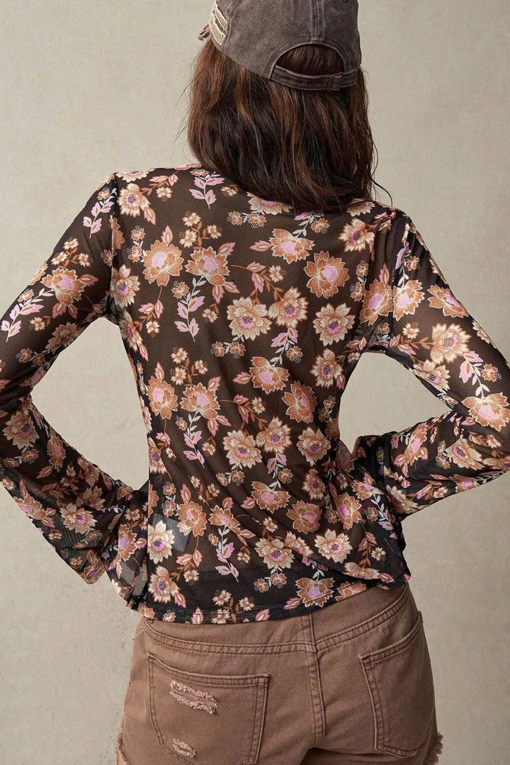 Floral  Button-Front Shirt with Bell Sleeves