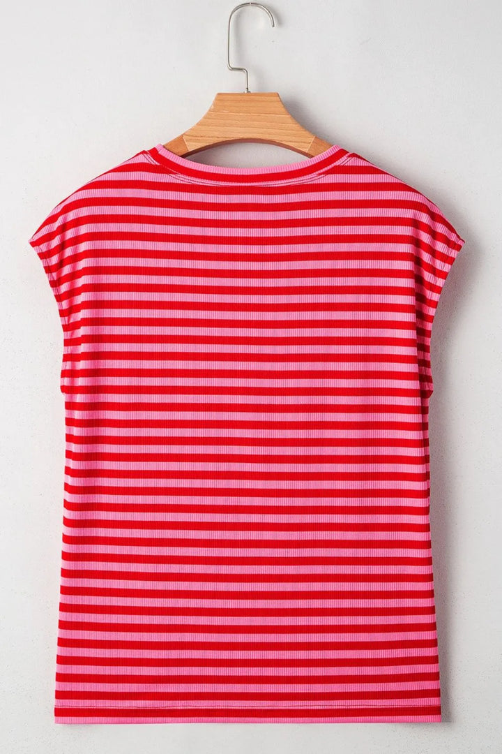 Stripe Ribbed Cap Sleeve Round Neck T Shirt