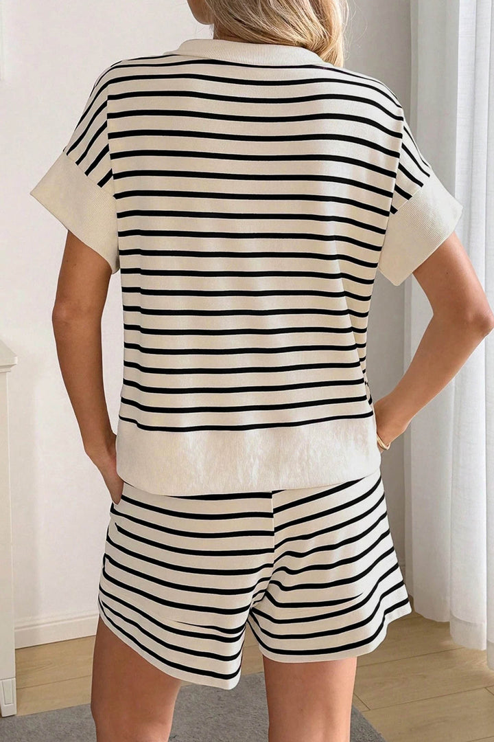 Black Stripe Ribbed Color Block Trim Zip Polo Tee Drawstring Shorts 2pcs Outfit