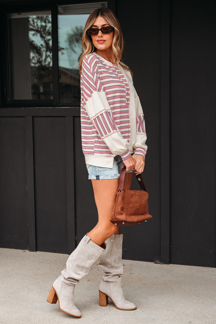 Pink Stripe Stitched Detail Color Block Patchwork Oversized Pullover Top