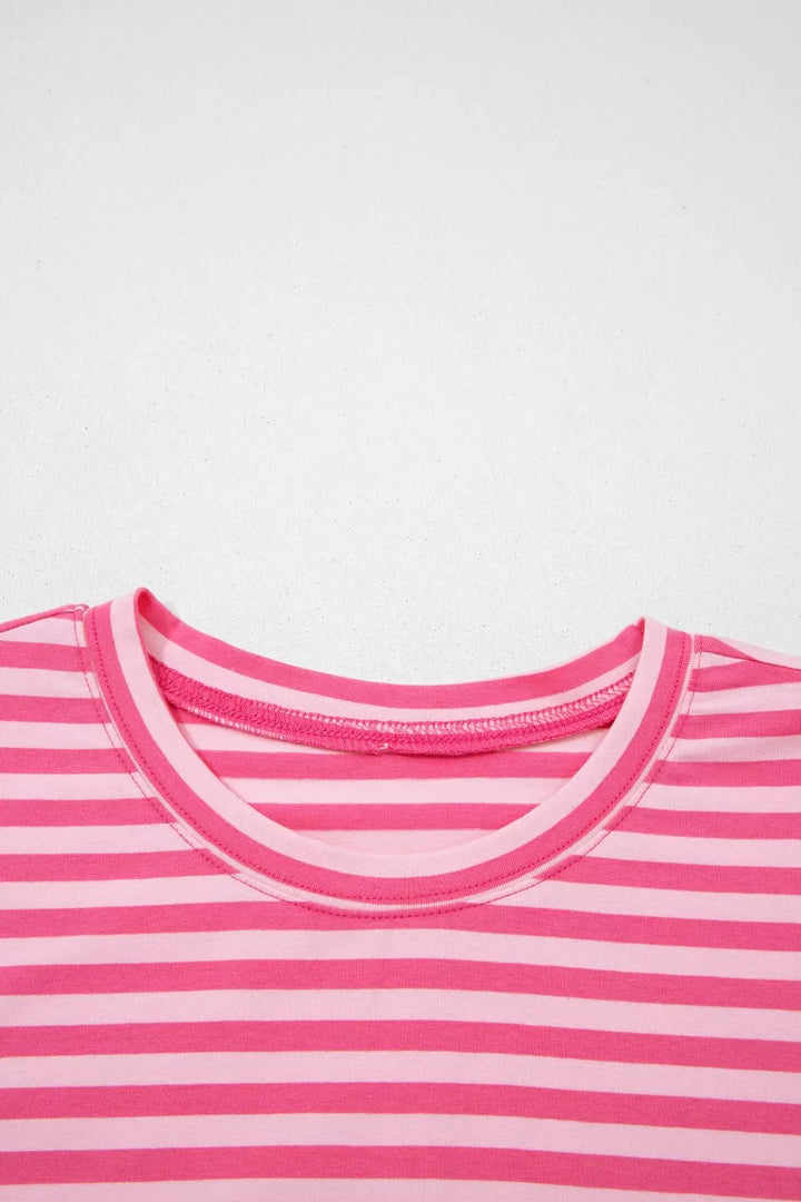 Stripe Drop Shoulder Round Neck Top and Buttoned Straight Pants Two Piece Set