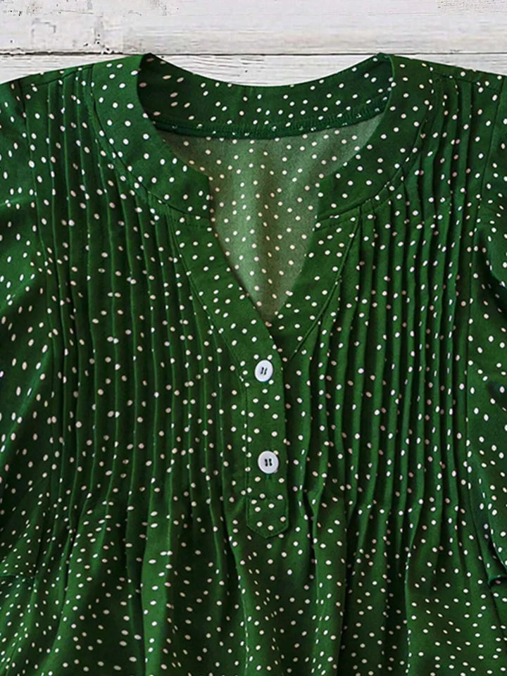 Polka Dot Notched Ruffled Cap Sleeve Blouse