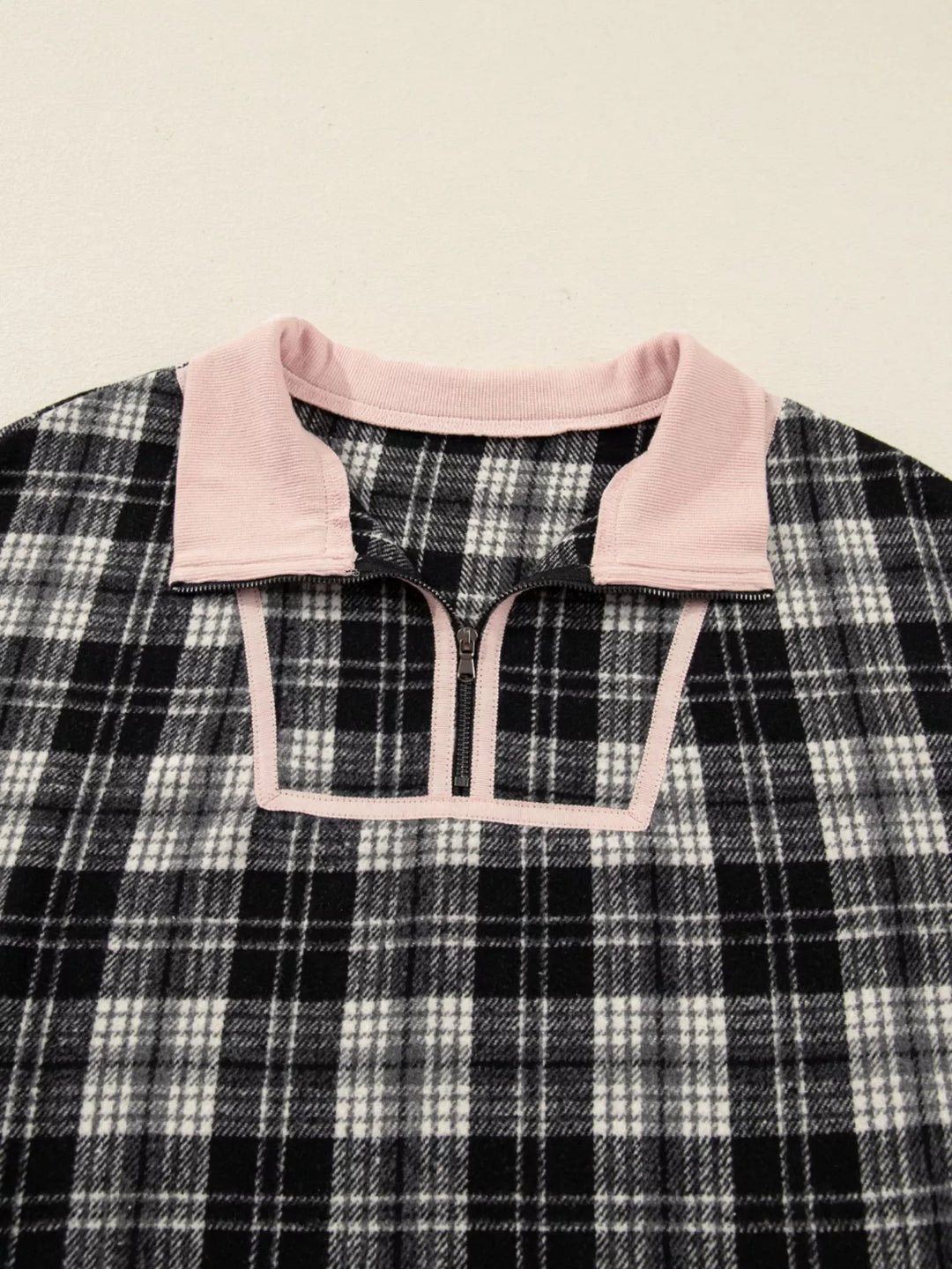 Plaid Polo Collar Zip up Contrast Trim Shift Long Sleeve Mini Dress