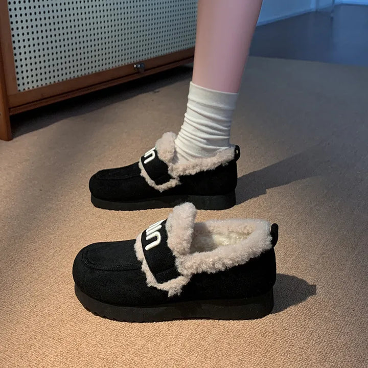 Faux Fur Suede Round Toe Slip-Ons