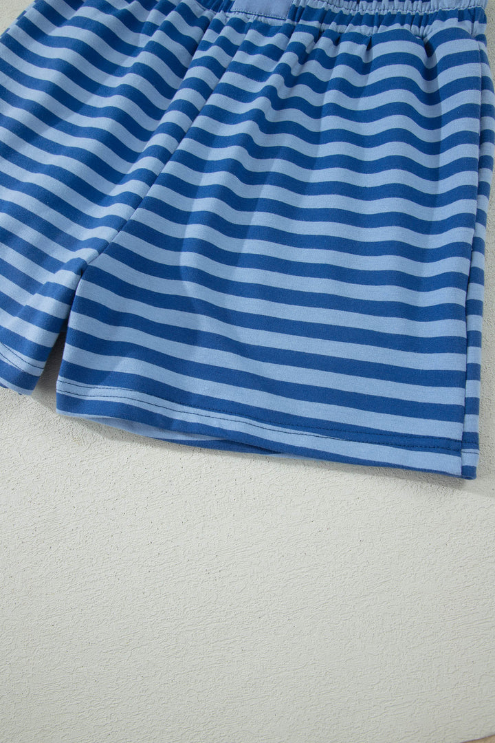 Blue Stripe Striped Ribbed Cotton Two-Piece Short Set with Chest Patch Detail