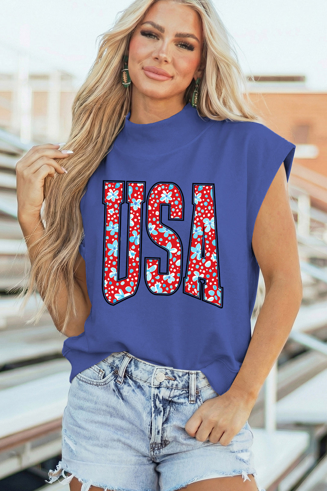 Sky Blue USA Floral Lettering Print High Neck Short Sleeve Top