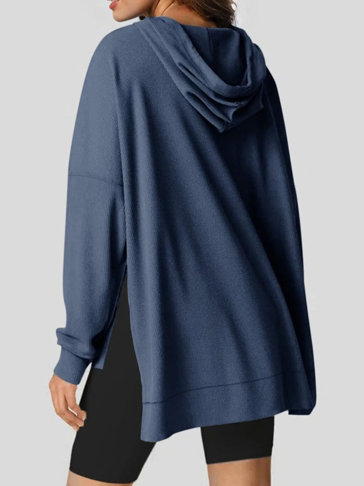 Slit Drawstring Waffle Knit Hoodie