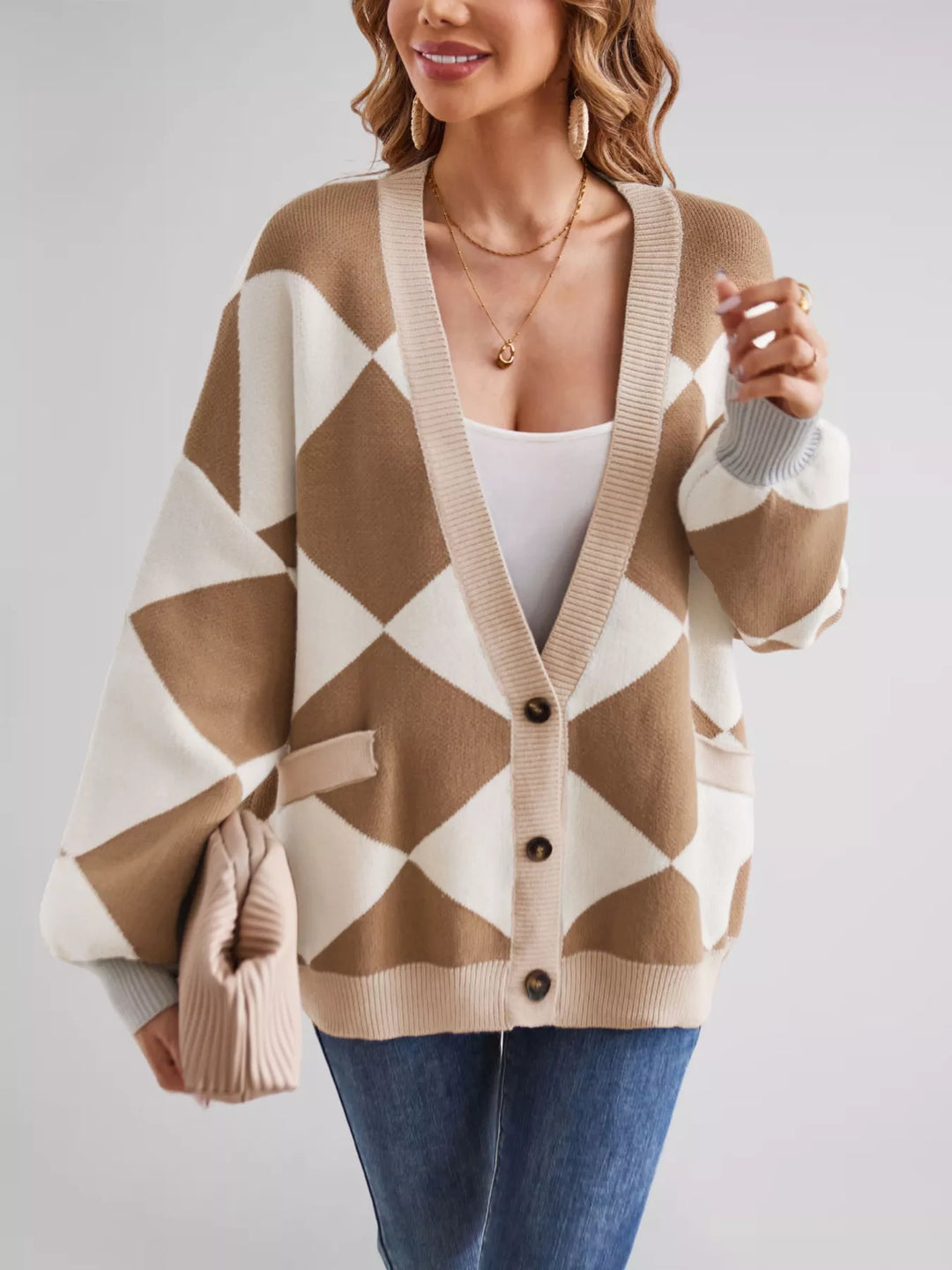 Diamond Pattern Button-Up Knit Cardigan