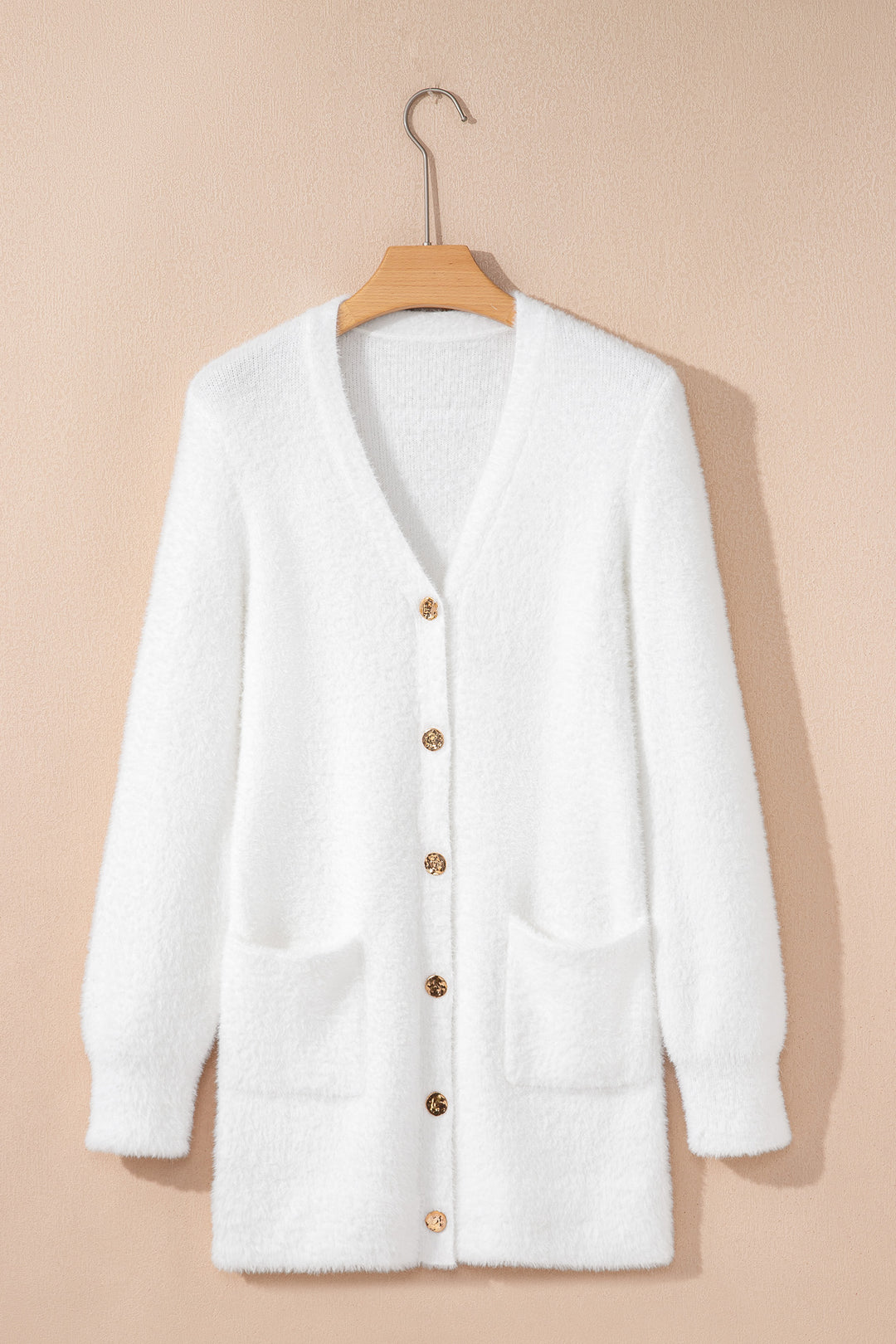 White Fuzzy Buttoned Front Midi Solid Cardigan