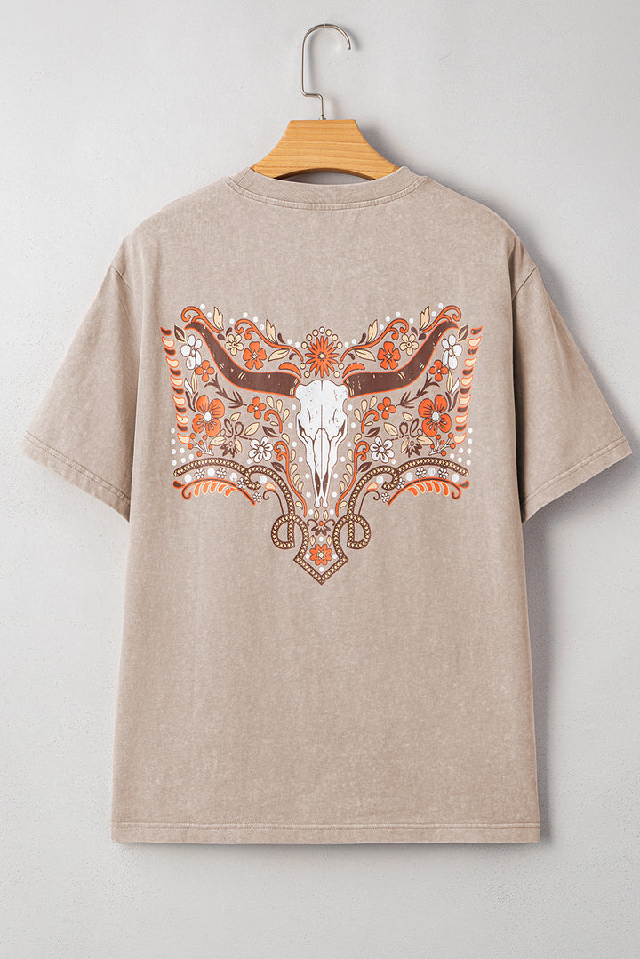 Smoke Gray Mineral Wash Floral Steer Head Printed Back Western Fashion Tee