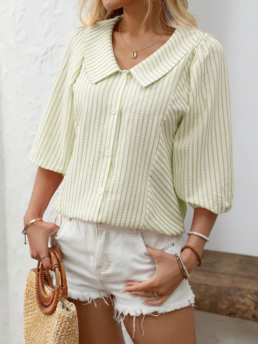 Striped Button Down 3/4 Sleeve Shirt
