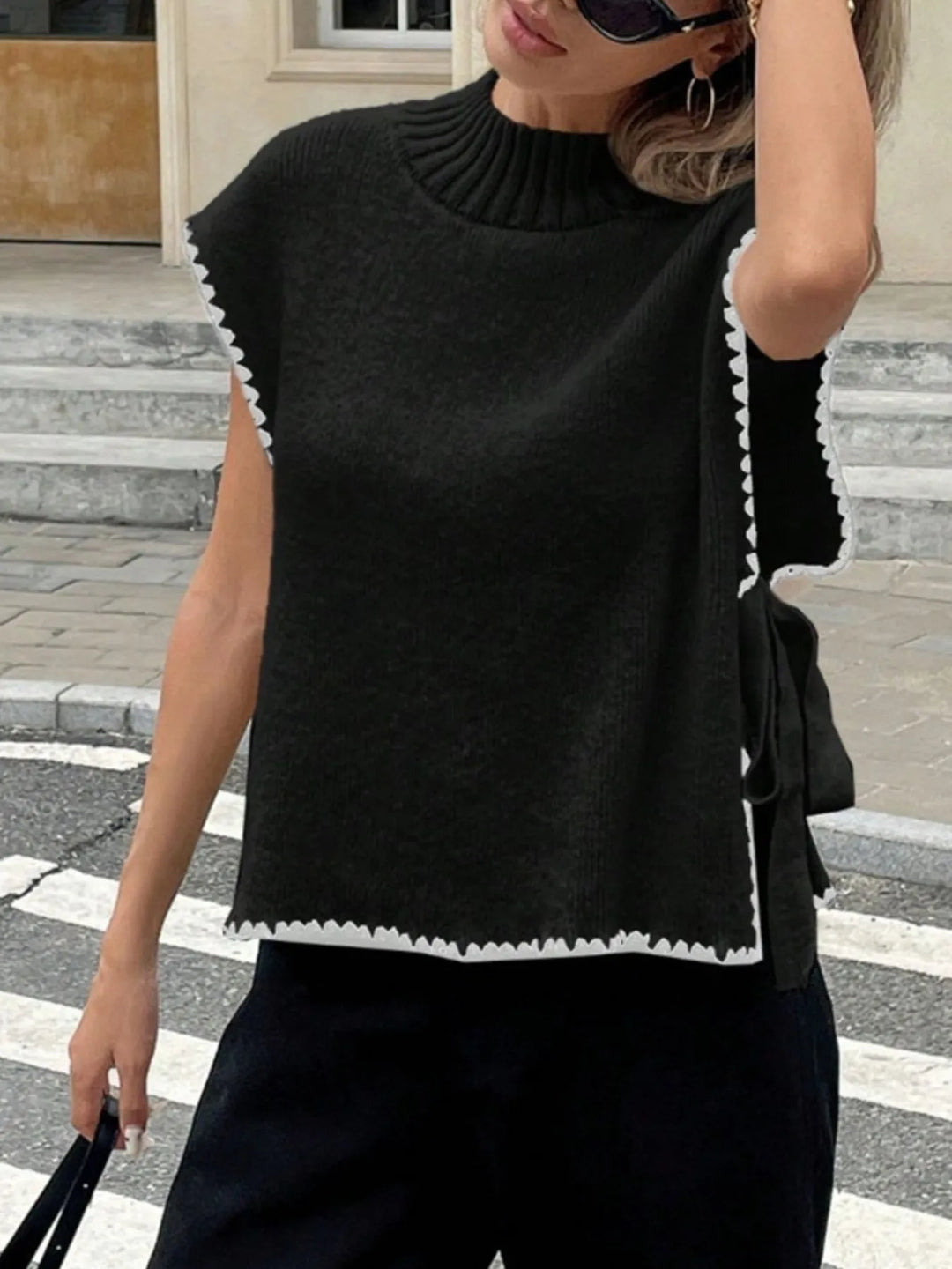 Ribbed Turtleneck Sweater Vest with Contrast Trim