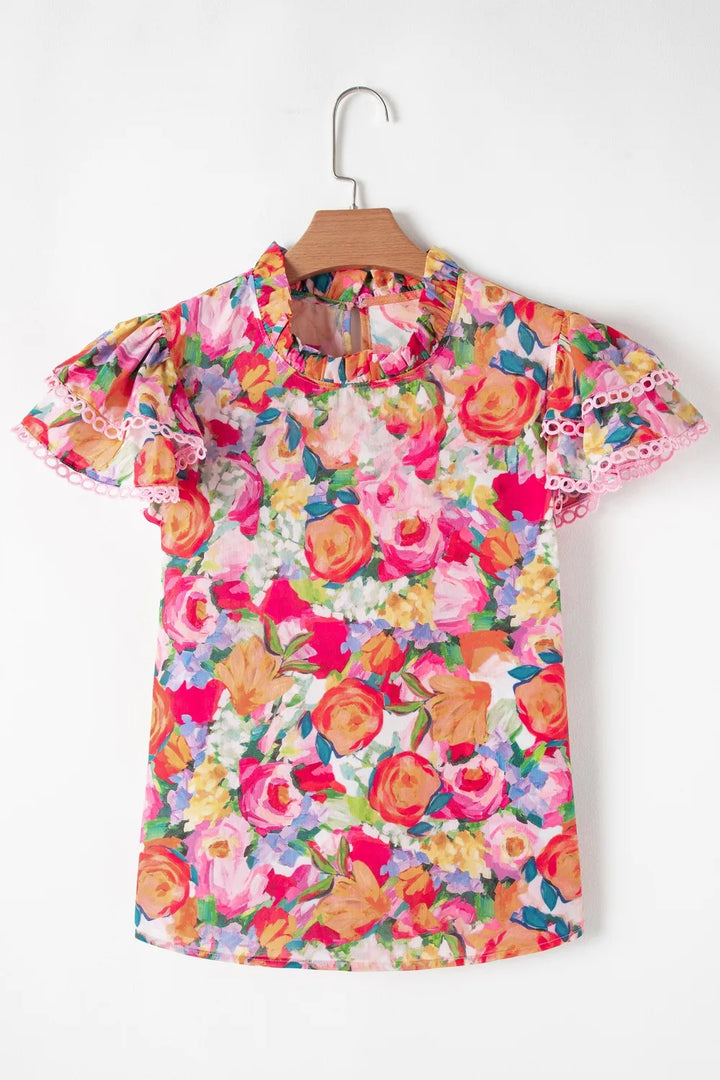 Lace Trim Ruffle Cap Sleeve Floral Blouse