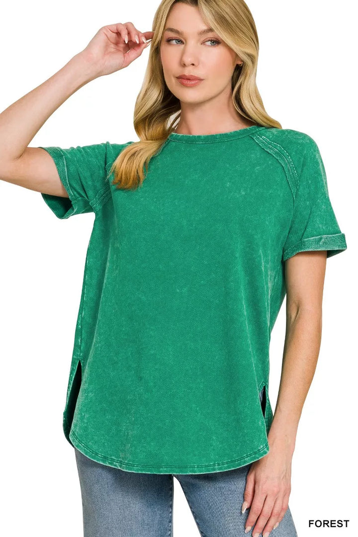 Zenana French Terry Washed Curved Hem Top