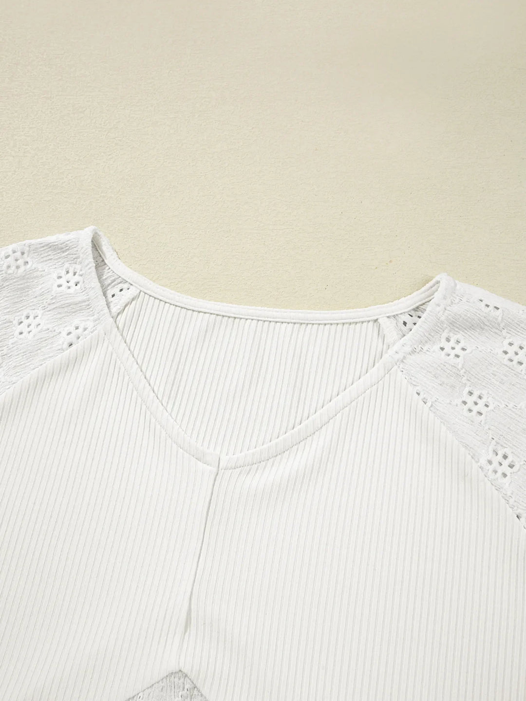 Eyelet Embroidered Loose V Neck Long Sleeve Top