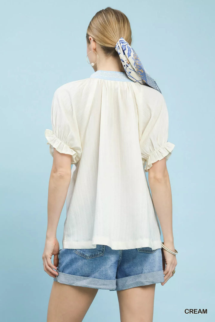 Umgee Textured V-Neck Top with Lace Trim Details