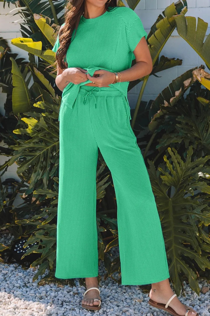 Ribbed Knit Round Neck Top and Pants Casual Set