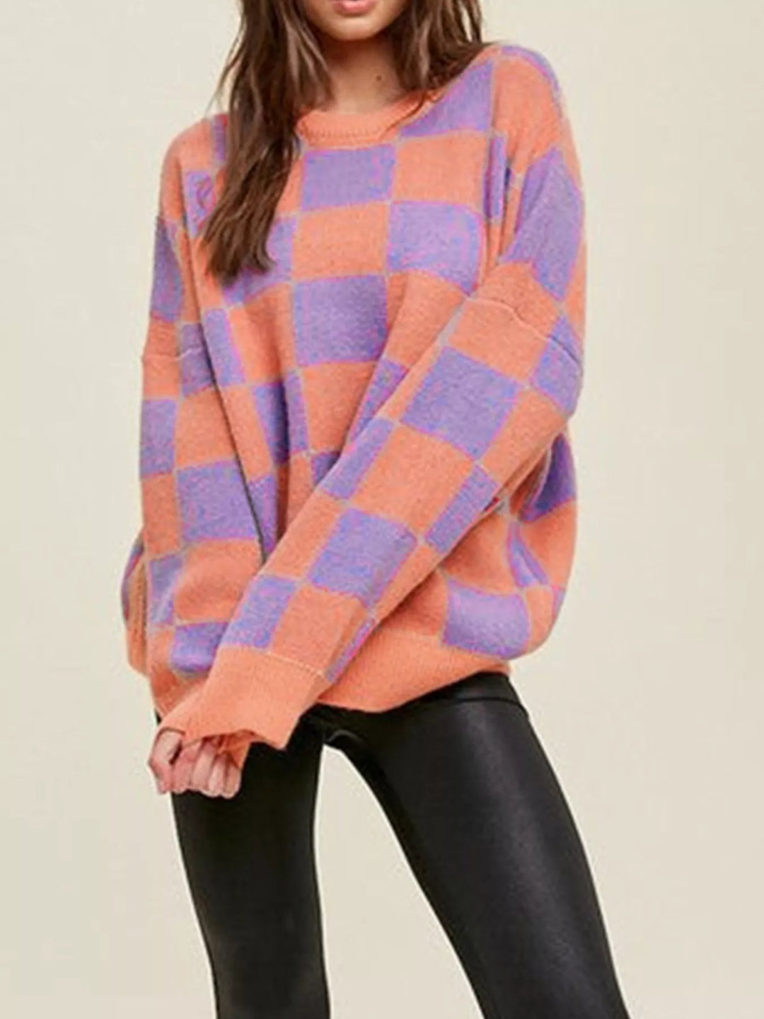Checkerboard Chic Round Neck Sweater