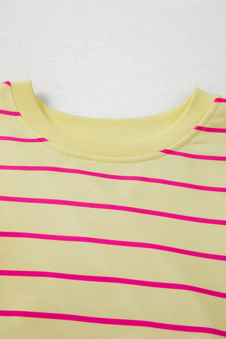 Yellow Stripe Stylish Overlap Detail Drop Shoulder Pullover Sweatshirt