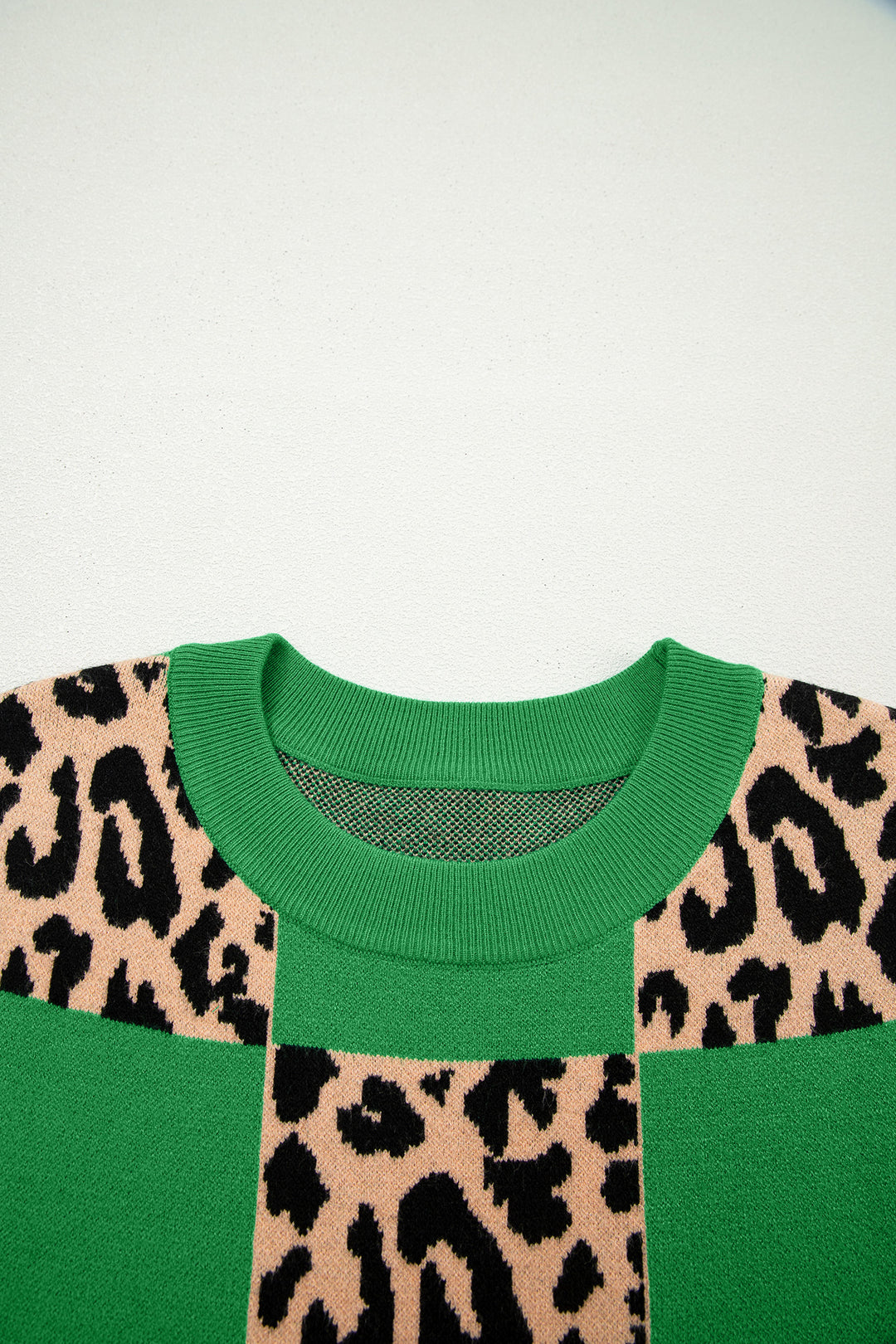 Green Leopard Checkerboard Short Sleeve Knit Sweater