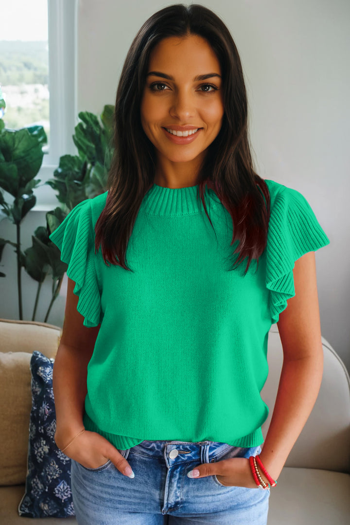 Bright Green Solid Color Ribbed Trim Round Neck Ruffle Short Sleeve Sweater