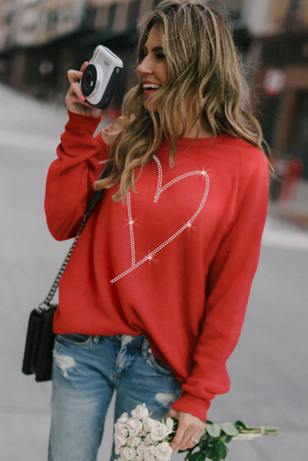 Fiery Red Rhinestone Heart Shaped Long Sleeve Sweatshirt