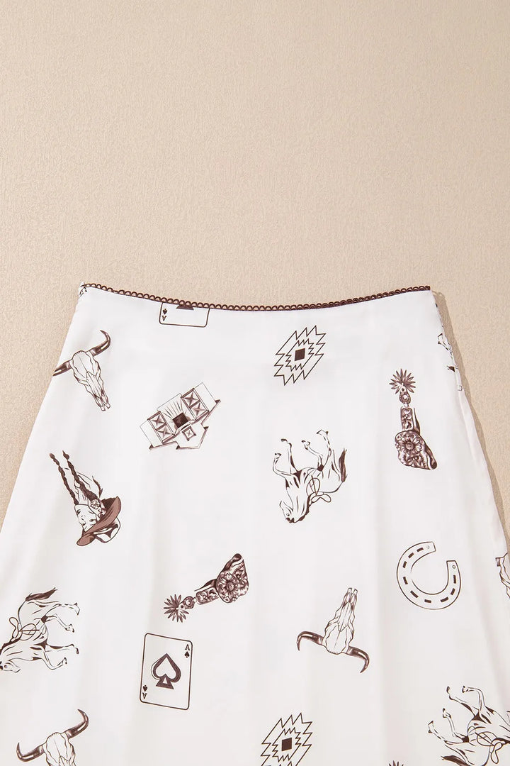 Western Print Satin Long Skirt