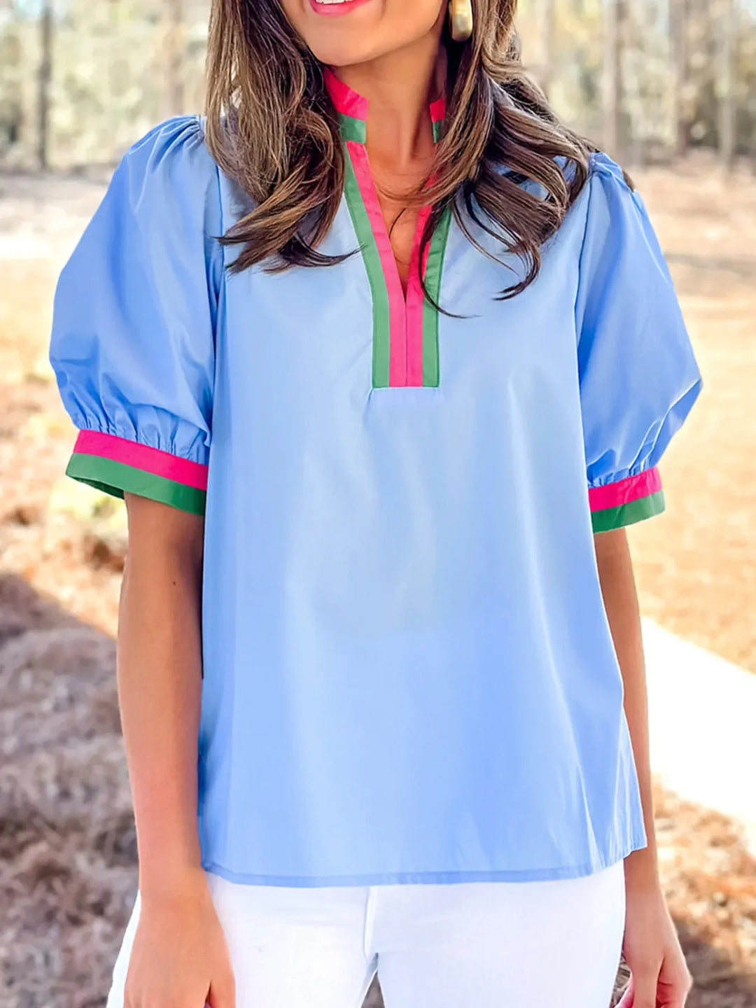 Contrast Trim Notched Short Sleeve Blouse