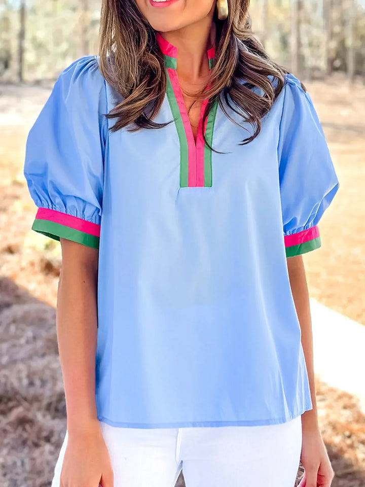 Contrast Trim Notched Short Sleeve Blouse