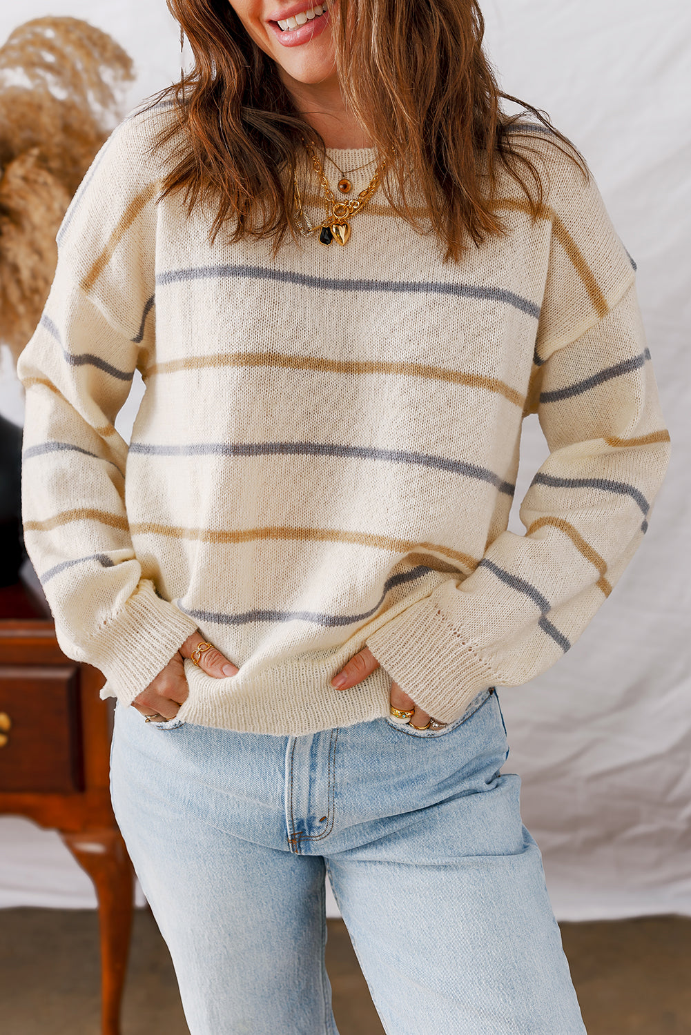 Multicolour Ribbed Edge Drop Shoulder Sweater