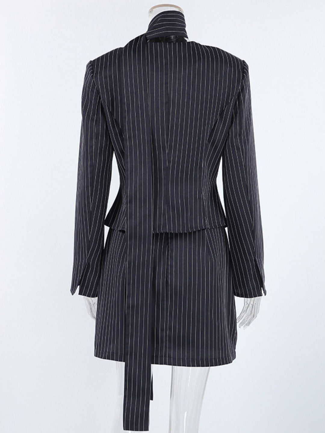 Striped Blazer & Mini Skirt Set with Neck Tie