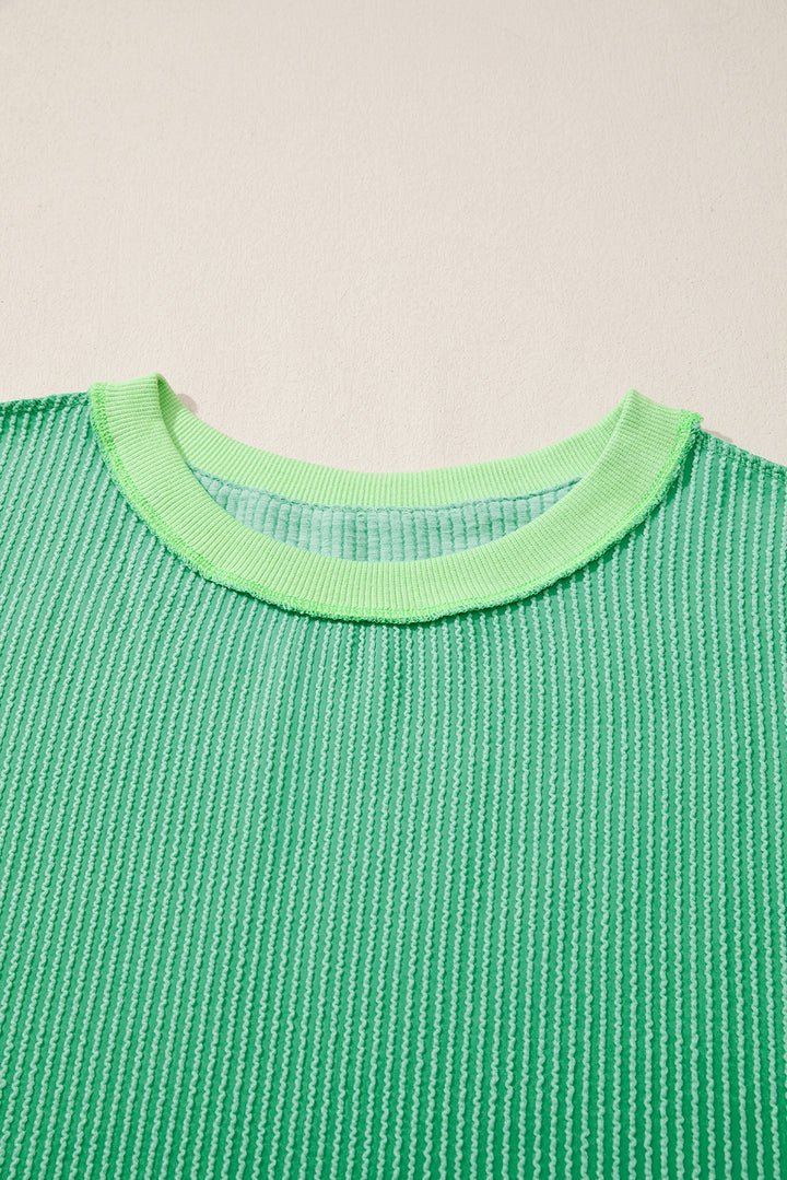 Bright Green Twisted Rib Uneven Hem Drop Shoulder Loose Knit Top