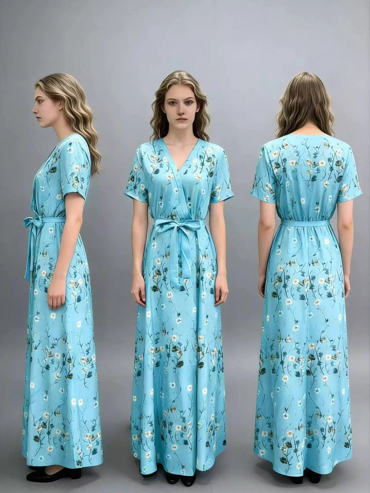 Floral Print Short Sleeve Wrap Maxi Dress
