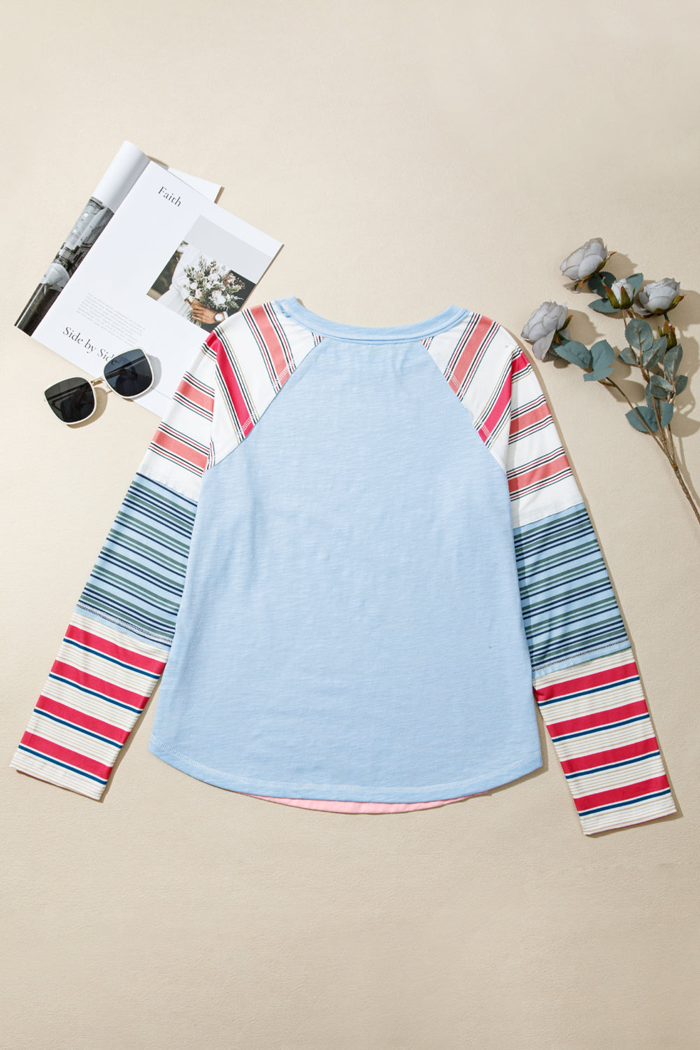 Pink Color Block Round Neck Exposed Seam Patchwork Striped Long Sleeve Top