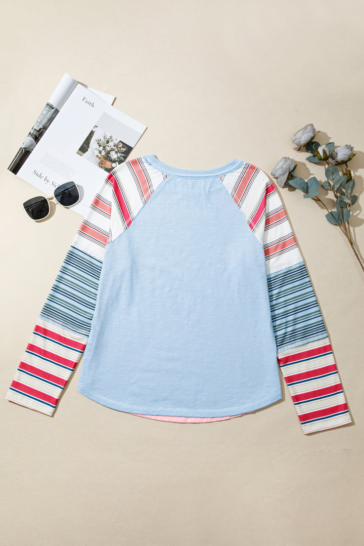 Pink Color Block Round Neck Exposed Seam Patchwork Striped Long Sleeve Top