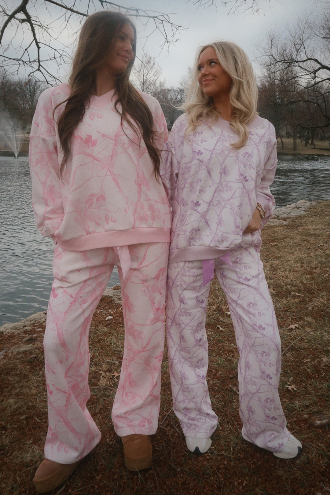 Pink Abstract Plant Print Long Sleeve V Neck Pant Set