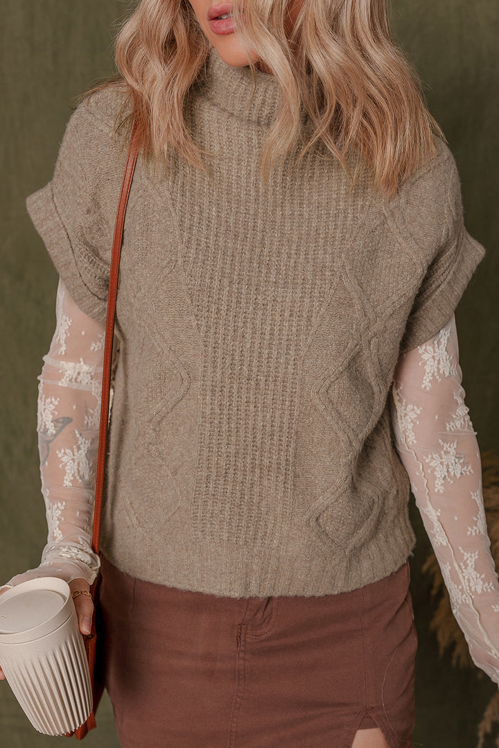 Smoke Gray Textured Knit High Neck Sweater T Shirt