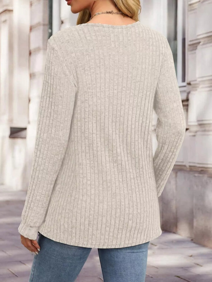 Ribbed Knit Button-Front Long Sleeve T-Shirt