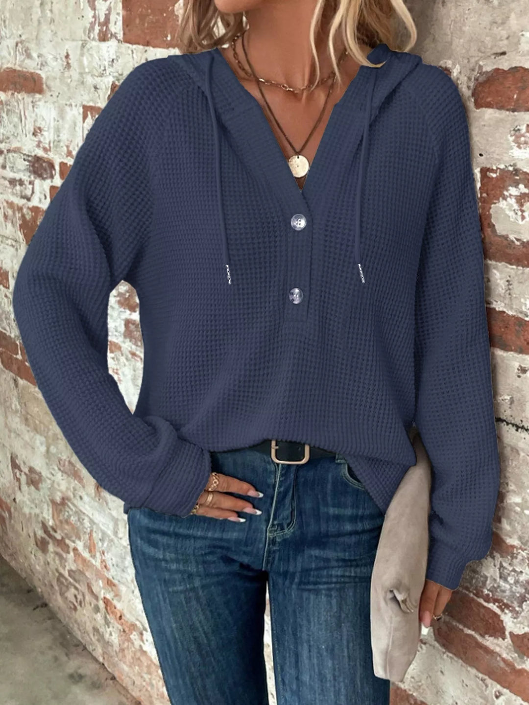 Full Size Button Detail Waffle Knit Hoodie Plus Size