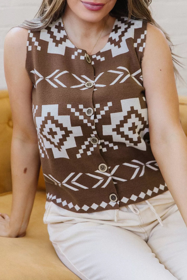 Western Geometric Pattern Sleeveless Knit Sweater Vest