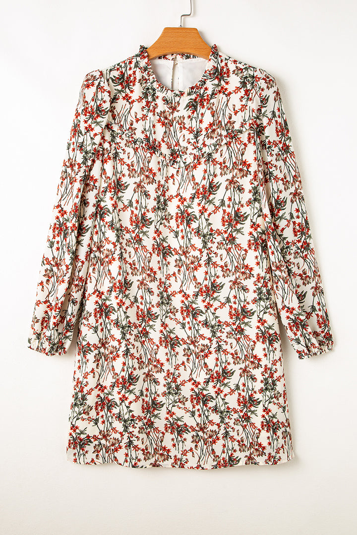 White Floral Printed Long Sleeve Mini Dress