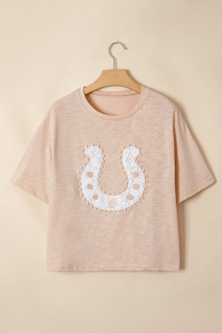 Smoke Gray Lace Pearled Decor Horse Shoe Graphic Western T Shirt