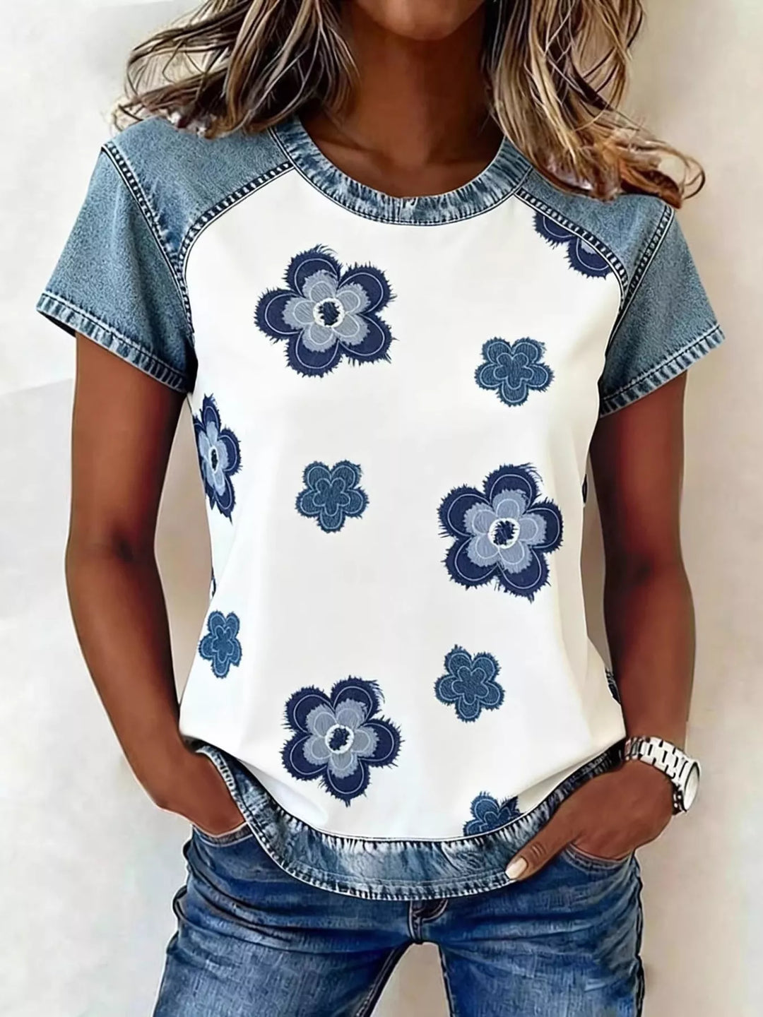 Denim Patchwork Short Sleeve Blouse