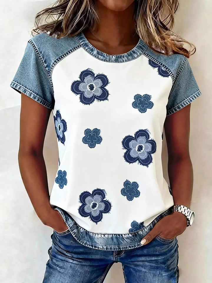 Denim Patchwork Short Sleeve Blouse
