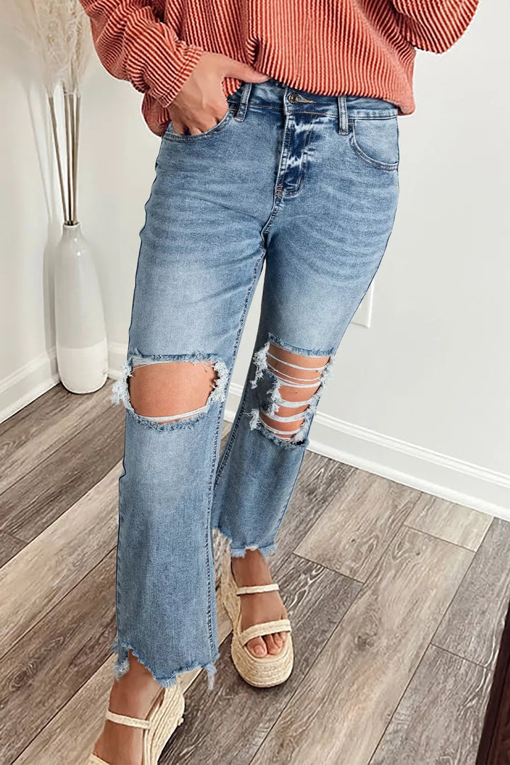 Raw Hem Ripped Open Knee Fit Flare Jeans