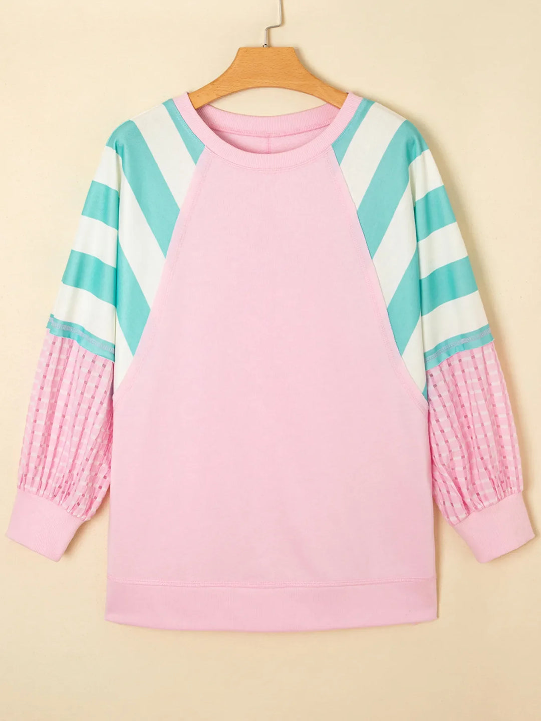Striped Color Block Patchwork Raglan Sleeve Top with Slits