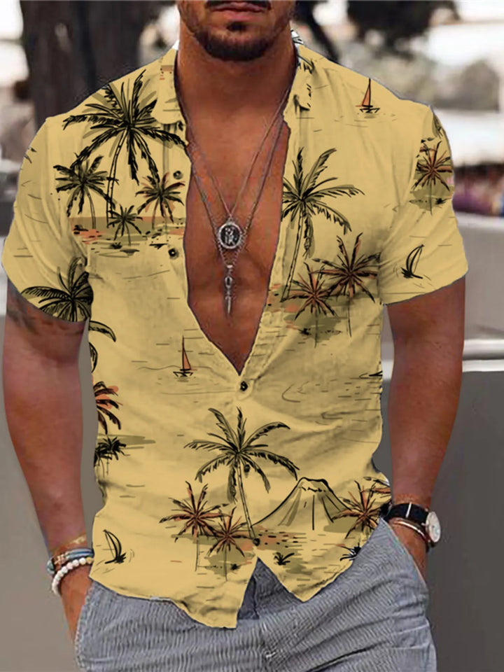 Men's Full Size Tropical Print Short Sleeve Button-Down Shirt Plus Size