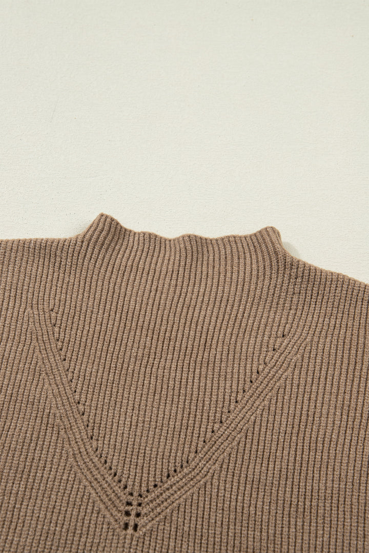Light French Beige Solid Color Ribbed Knit Mock Neck Loose Sleeveless Sweater